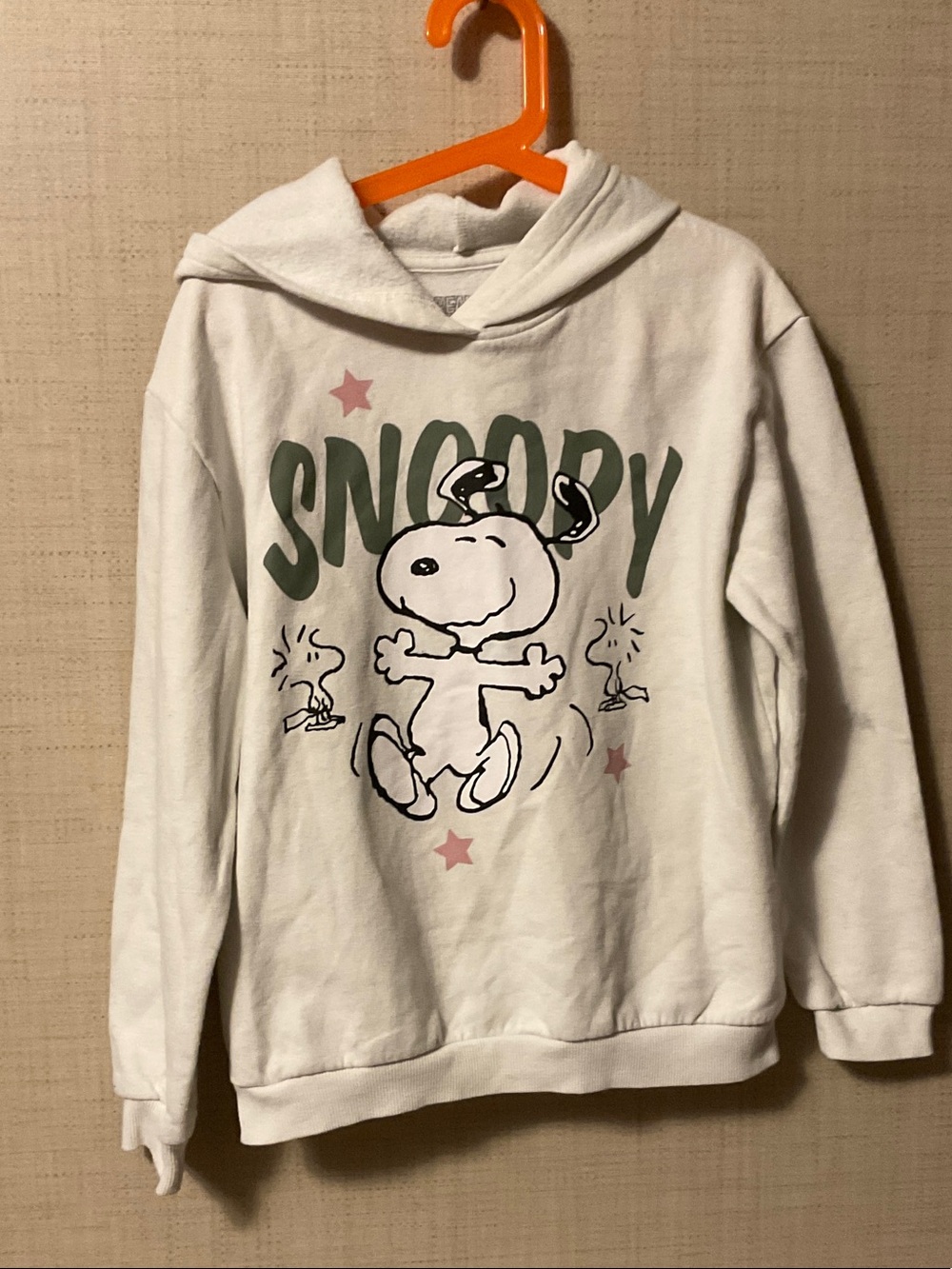 Peanuts White Hoodie with Green Snoopy Graphic and Pink Stars
